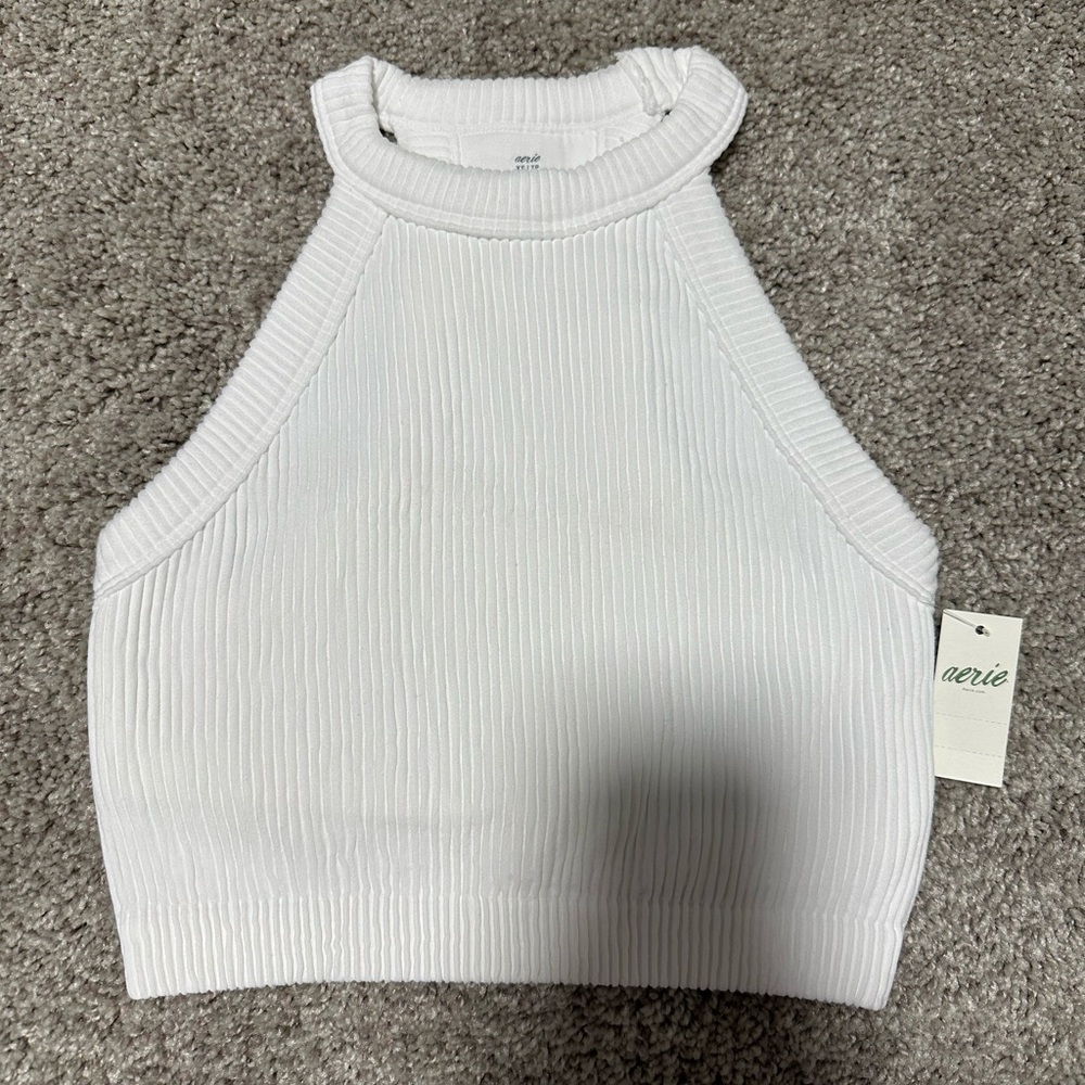 NWT Aerie White High Neck Crop Tank Top With Built In Bra Size XS